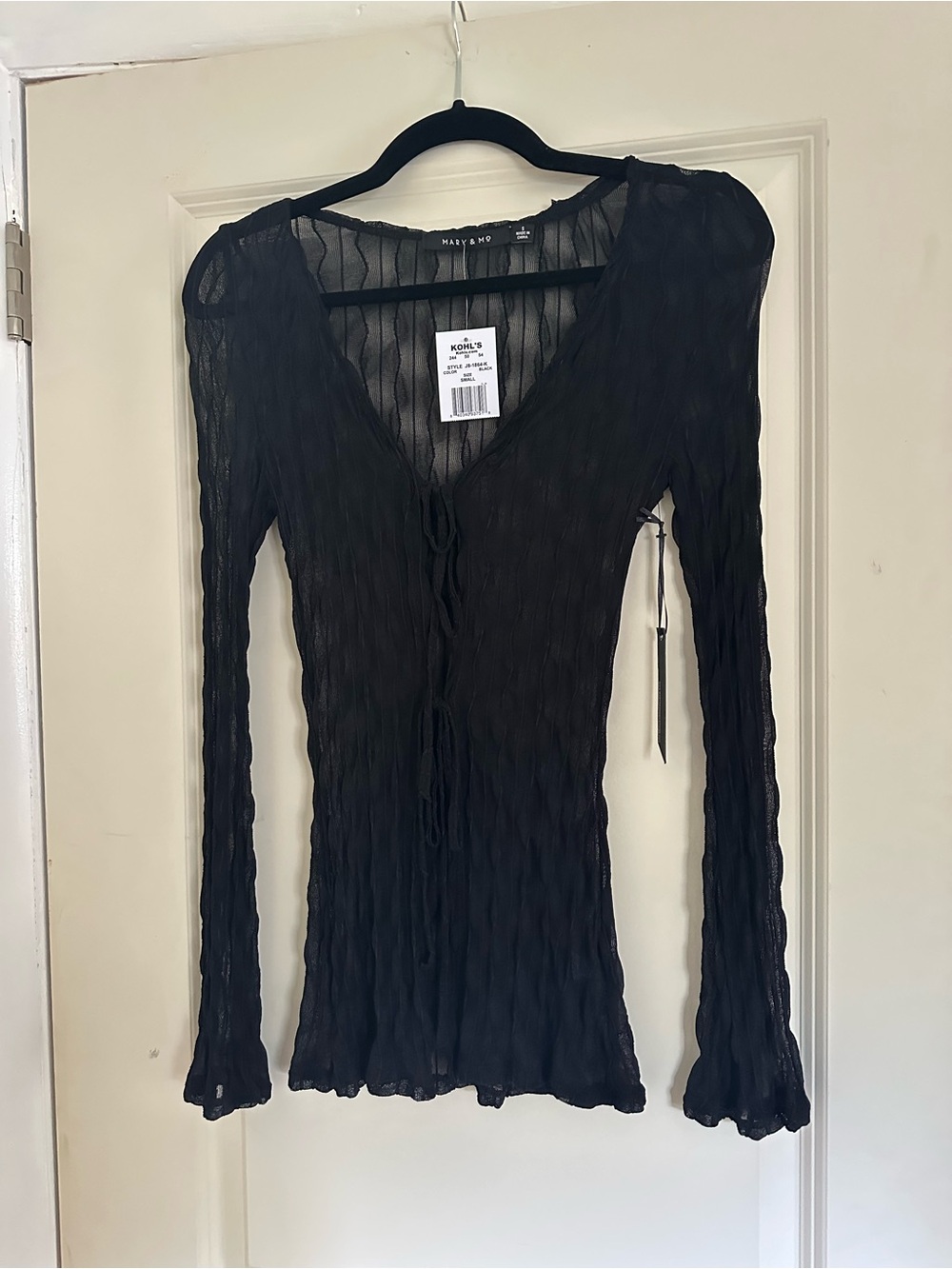 Black Sheer Ribbed Tie-Front Long Sleeve Top